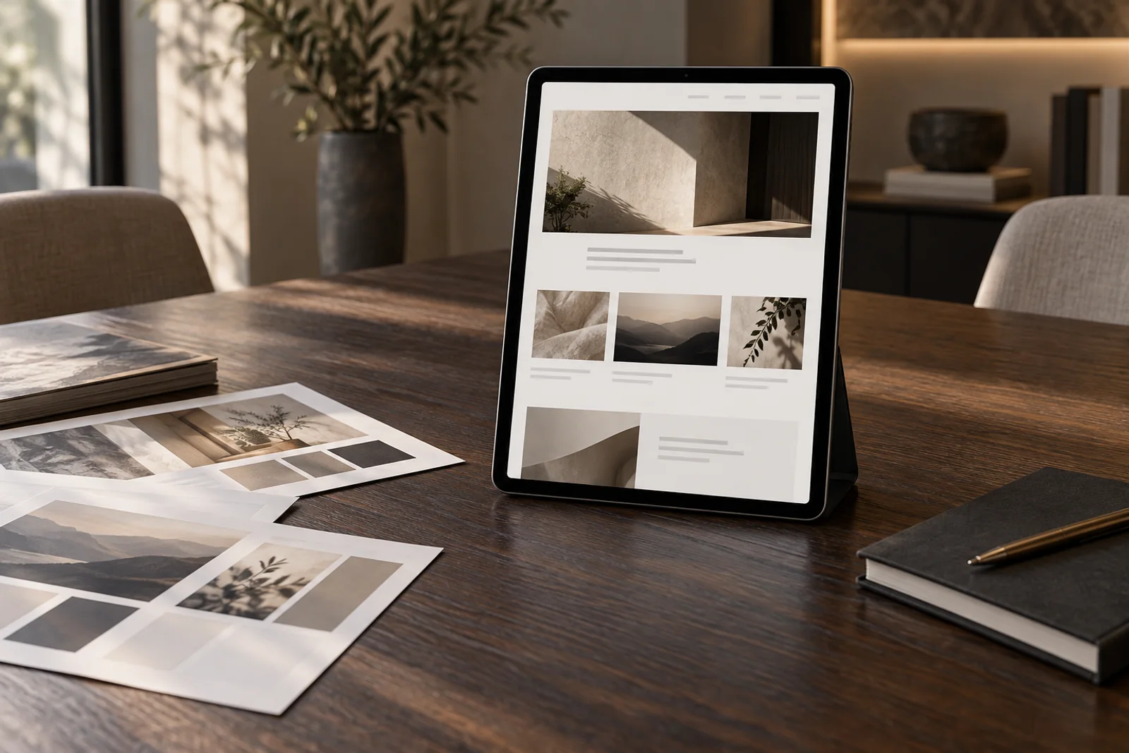 Illustrative tablet with business website layouts and printed design sketches